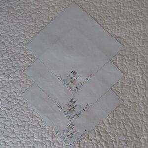 Trio of Pastel Rainbow Embroidered White Handkerchiefs